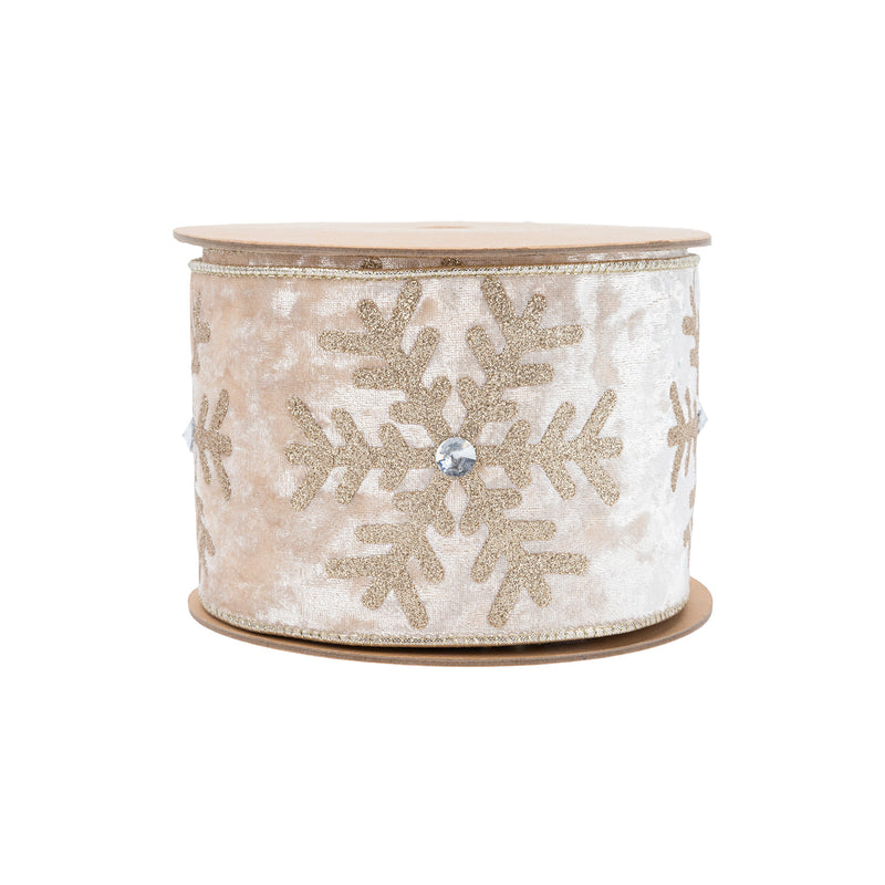 4" Wired Velvet | Glitter Snowflake with Jewel on Champagne | 10 Yard Roll