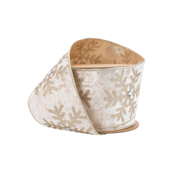 4" Wired Velvet | Glitter Snowflake with Jewel on Champagne | 10 Yard Roll