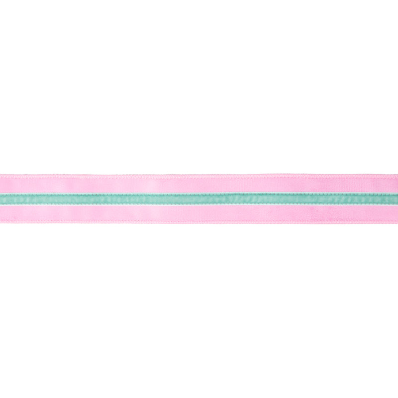 1 1/2" Wired Velvet Ribbon w/ Trim | Pink w/ Blue Trim | 10 Yard Roll