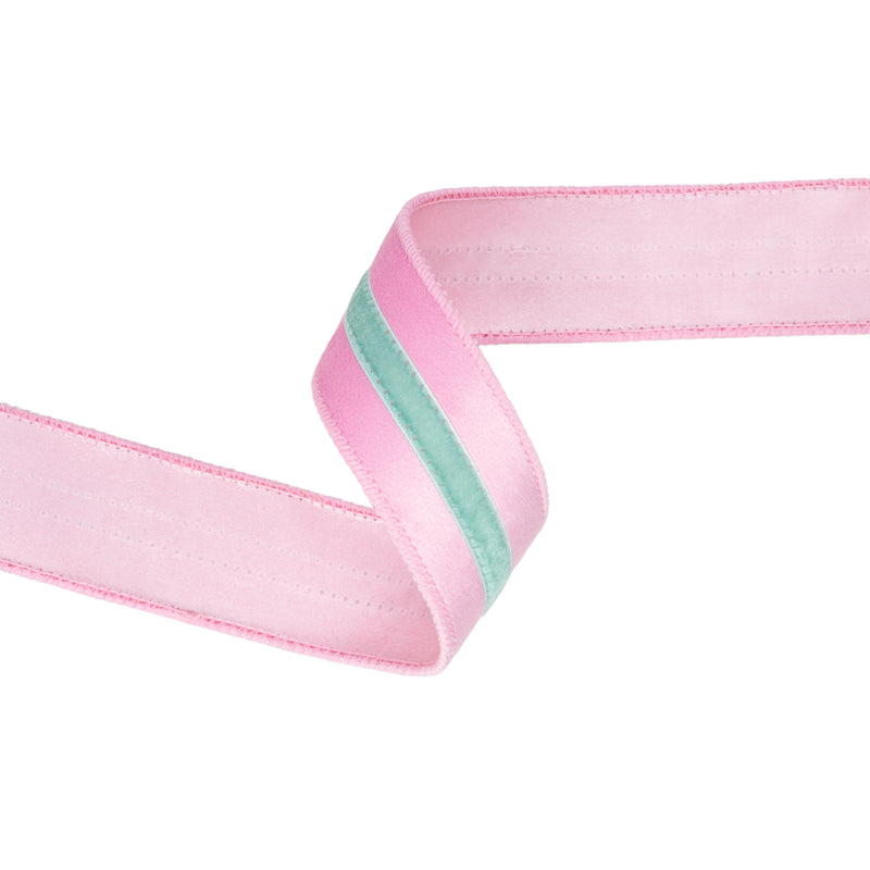 1 1/2" Wired Velvet Ribbon w/ Trim | Pink w/ Blue Trim | 10 Yard Roll