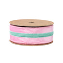 1 1/2" Wired Velvet Ribbon w/ Trim | Pink w/ Blue Trim | 10 Yard Roll