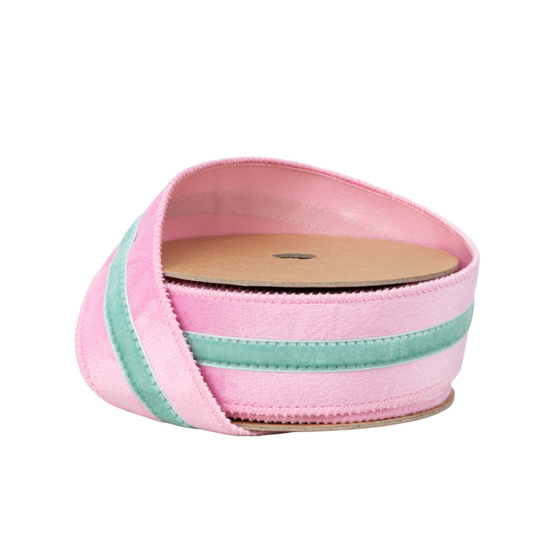 1 1/2" Wired Velvet Ribbon w/ Trim | Pink w/ Blue Trim | 10 Yard Roll