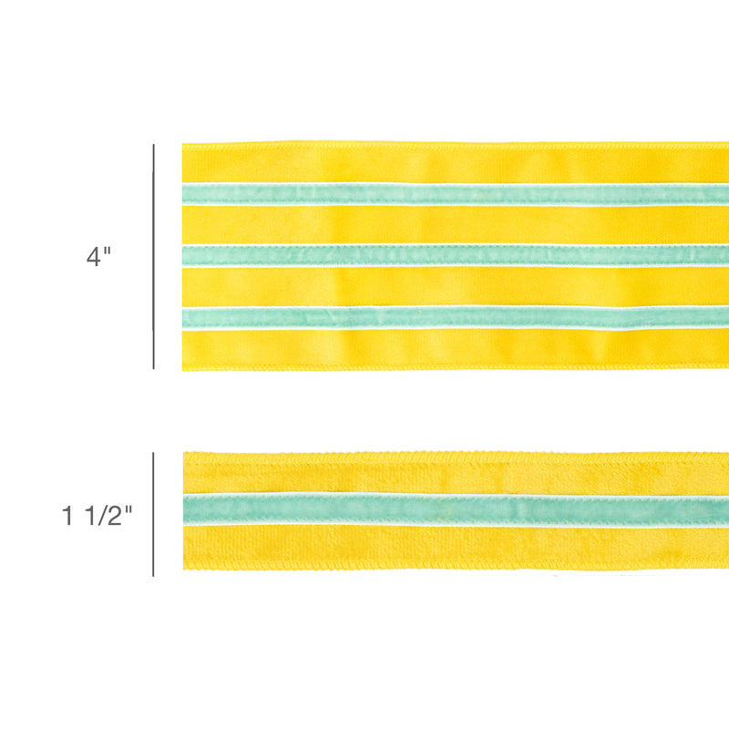 1 1/2" Wired Velvet Ribbon w/ Trim | Yellow w/ Blue Trim | 10 Yard Roll
