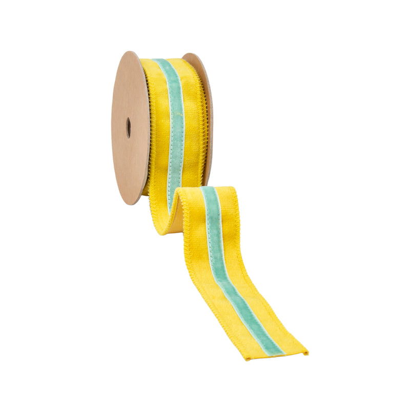 1 1/2" Wired Velvet Ribbon w/ Trim | Yellow w/ Blue Trim | 10 Yard Roll