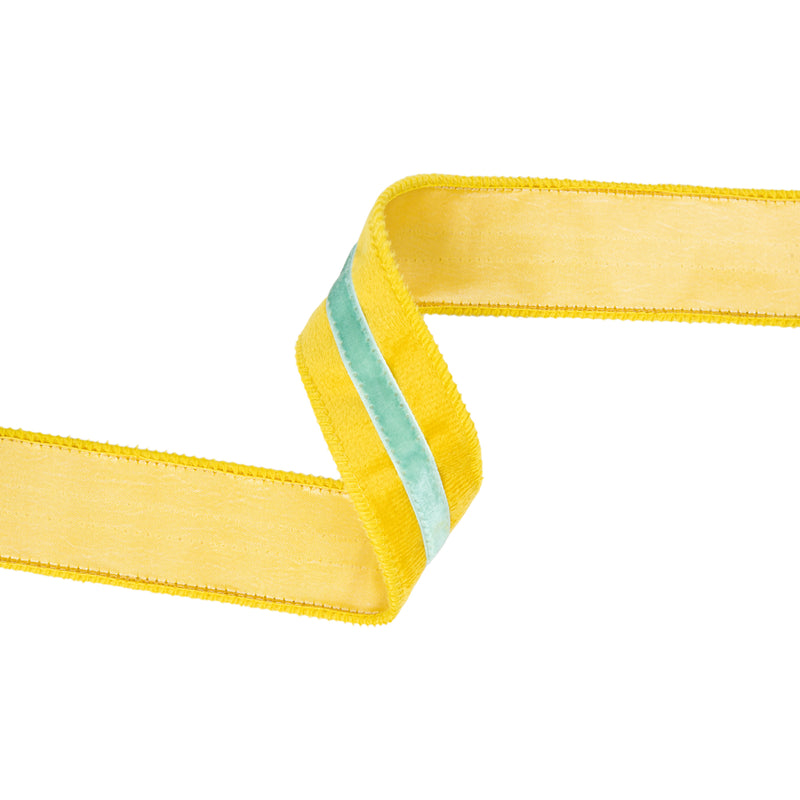 1 1/2" Wired Velvet Ribbon w/ Trim | Yellow w/ Blue Trim | 10 Yard Roll