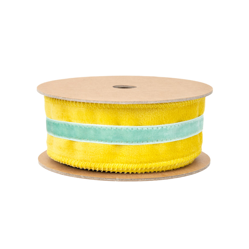 1 1/2" Wired Velvet Ribbon w/ Trim | Yellow w/ Blue Trim | 10 Yard Roll
