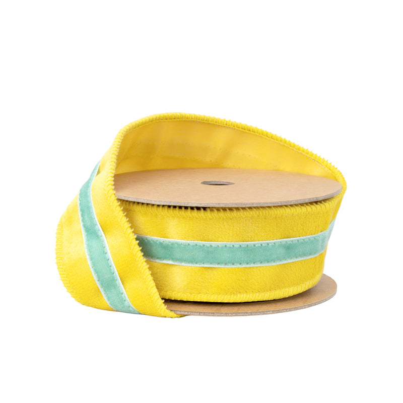 1 1/2" Wired Velvet Ribbon w/ Trim | Yellow w/ Blue Trim | 10 Yard Roll