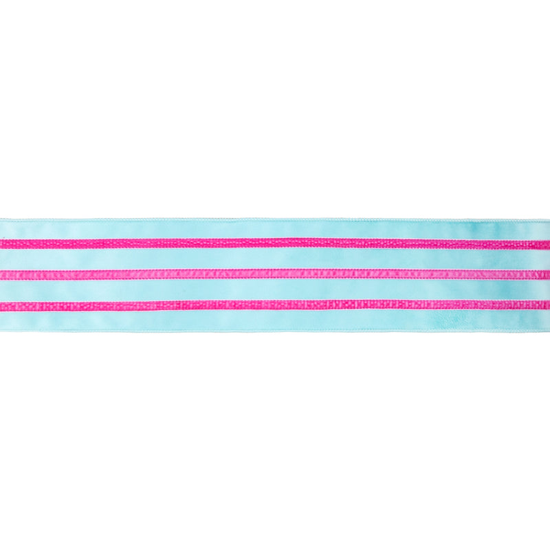 4" Wired Velvet Ribbon w/ Trim | Blue w/ Pink Trim | 10 Yard Roll