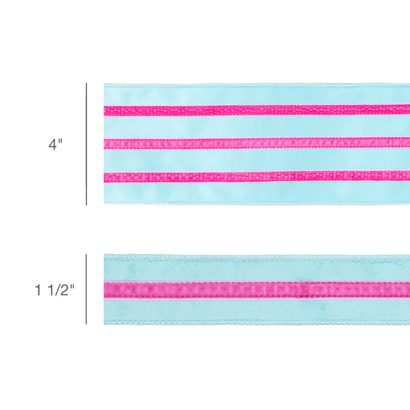 4" Wired Velvet Ribbon w/ Trim | Blue w/ Pink Trim | 10 Yard Roll