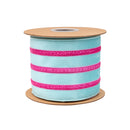 4" Wired Velvet Ribbon w/ Trim | Blue w/ Pink Trim | 10 Yard Roll