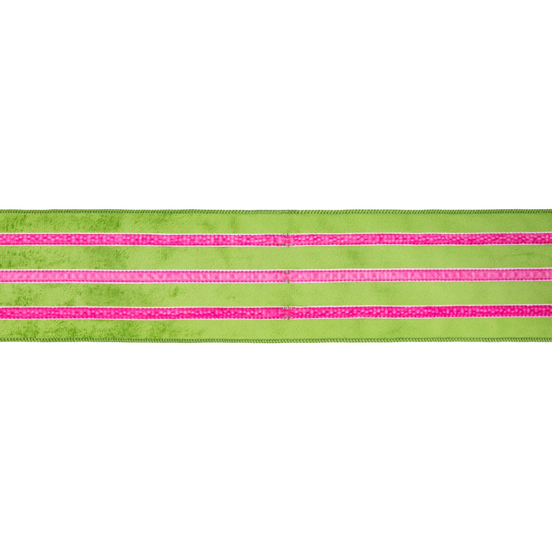 4" Wired Velvet Ribbon w/ Trim | Green w/ Pink Trim | 10 Yard Roll