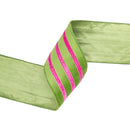 4" Wired Velvet Ribbon w/ Trim | Green w/ Pink Trim | 10 Yard Roll