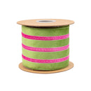 4" Wired Velvet Ribbon w/ Trim | Green w/ Pink Trim | 10 Yard Roll