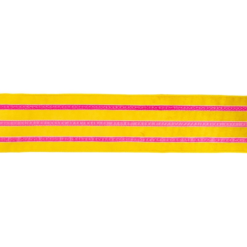 4" Wired Velvet Ribbon w/ Trim | Yellow w/ Pink Trim | 10 Yard Roll