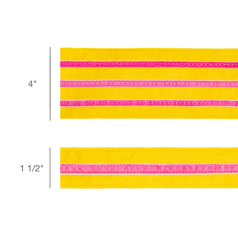 4" Wired Velvet Ribbon w/ Trim | Yellow w/ Pink Trim | 10 Yard Roll