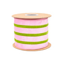 4" Wired Velvet Ribbon w/ Trim | Pink w/ Green Trim | 10 Yard Roll
