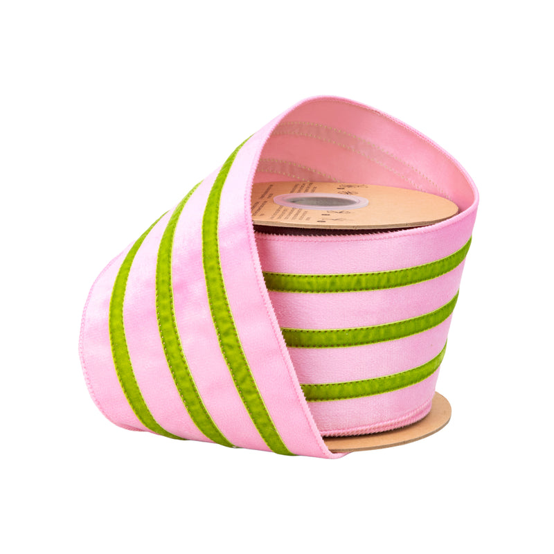 4" Wired Velvet Ribbon w/ Trim | Pink w/ Green Trim | 10 Yard Roll