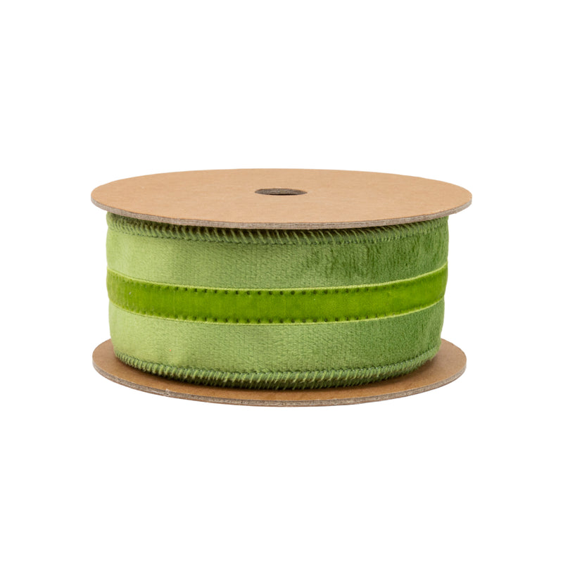 1 1/2" Wired Velvet Ribbon w/ Trim | Green w/ Green Trim | 10 Yard Roll