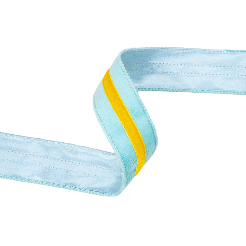 1 1/2" Wired Velvet Ribbon w/ Trim | Blue w/ Yelllow Trim | 10 Yard Roll