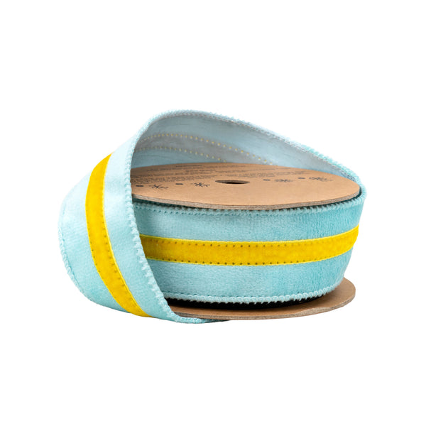 1 1/2" Wired Velvet Ribbon w/ Trim | Blue w/ Yelllow Trim | 10 Yard Roll