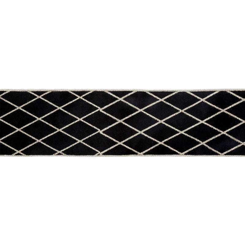 4" Wired Velvet Ribbon | Black with Glittered Diamond | 10 Yard Roll