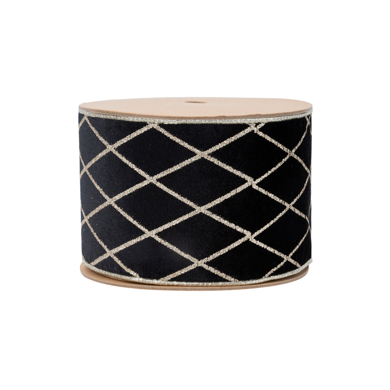 4" Wired Velvet Ribbon | Black with Glittered Diamond | 10 Yard Roll