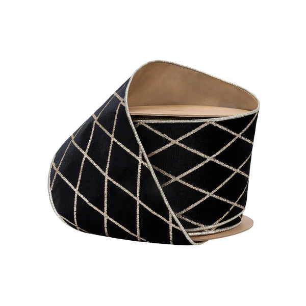 4" Wired Velvet Ribbon | Black with Glittered Diamond | 10 Yard Roll