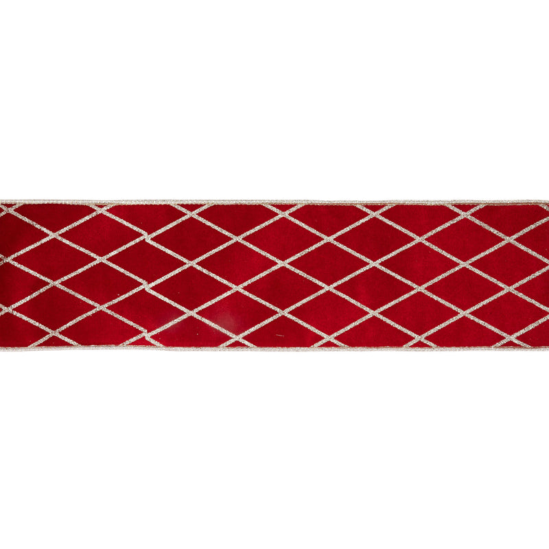 4" Wired Velvet Ribbon | Red with Glittered Diamond | 10 Yard Roll