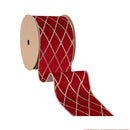 4" Wired Velvet Ribbon | Red with Glittered Diamond | 10 Yard Roll