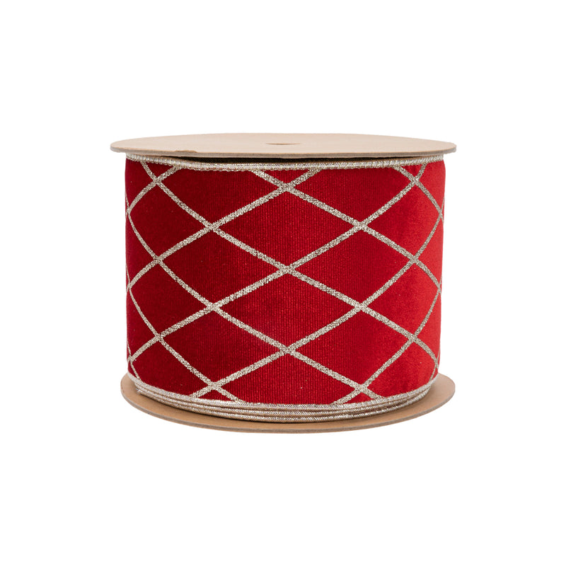 4" Wired Velvet Ribbon | Red with Glittered Diamond | 10 Yard Roll
