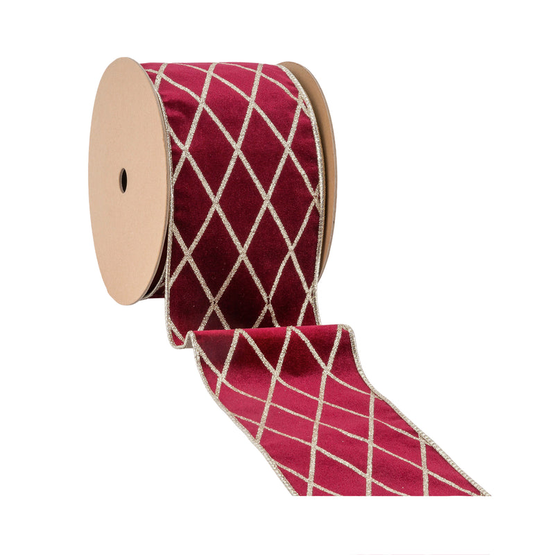 4" Wired Velvet Ribbon | Burgandy with Glittered Diamond | 10 Yard Roll
