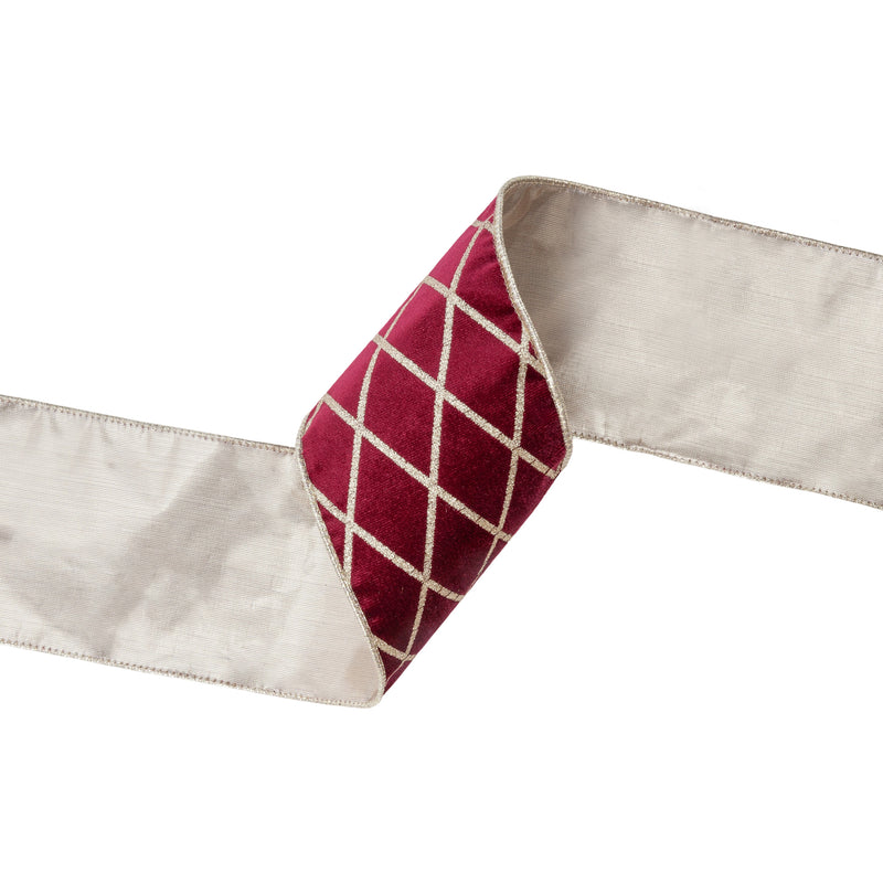 4" Wired Velvet Ribbon | Burgandy with Glittered Diamond | 10 Yard Roll