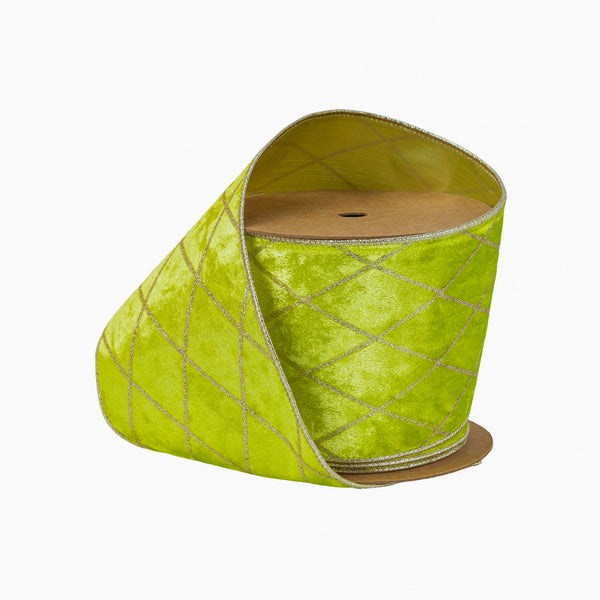 4" Wired Velvet Ribbon | Lime with Glittered Diamond | 10 Yard Roll