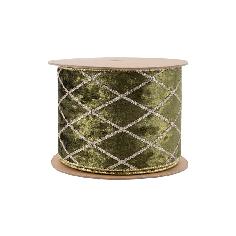 4" Wired Velvet Ribbon | Moss with Glittered Diamond | 10 Yard Roll