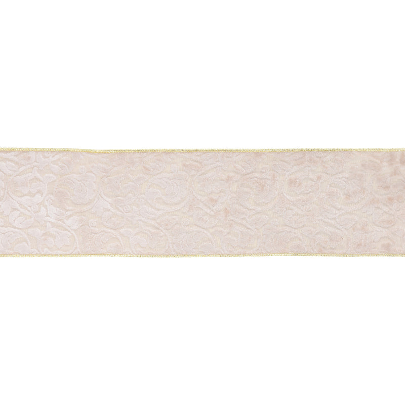 4" Wired Reversible Velvet Ribbon | Ivory Floral Embossed with Gold Backing | 10 Yard Roll