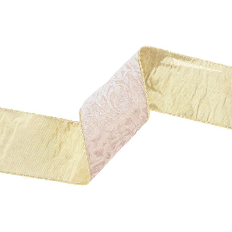 4" Wired Reversible Velvet Ribbon | Ivory Floral Embossed with Gold Backing | 10 Yard Roll