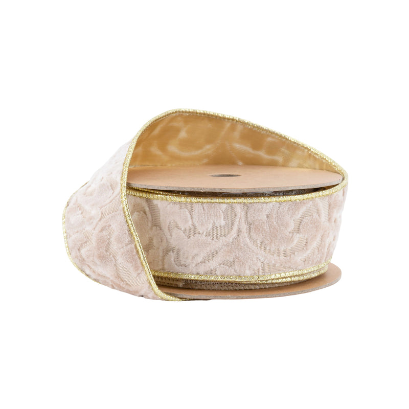 1 1/2" Wired Velvet Ribbon | Ivory Floral Embossed with Gold Backing | 10 Yard Roll