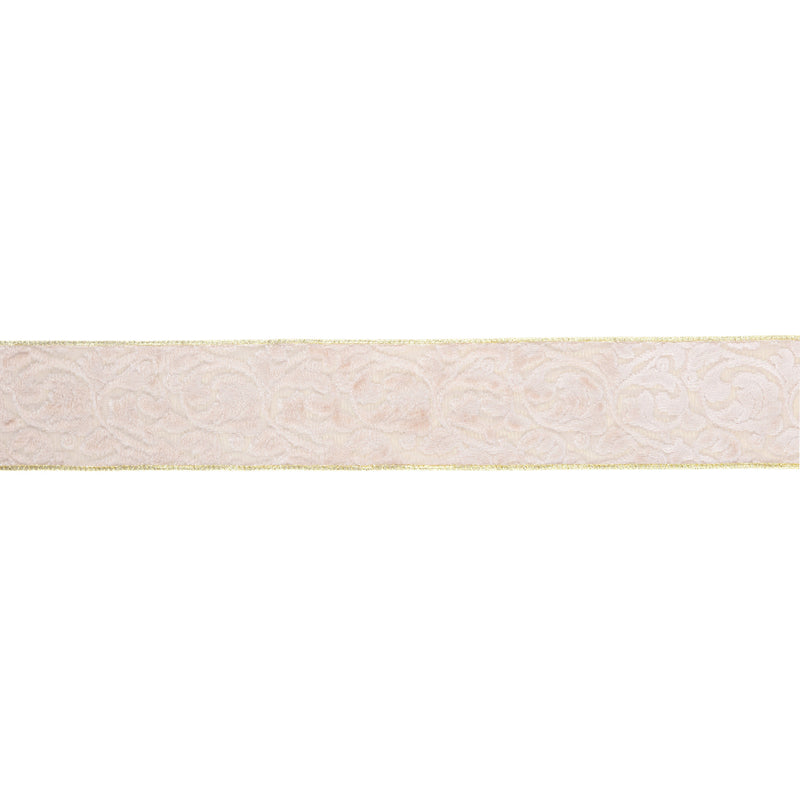 2 1/2" Wired Velvet Ribbon | Ivory Floral Embossed with Gold Backing | 10 Yard Roll