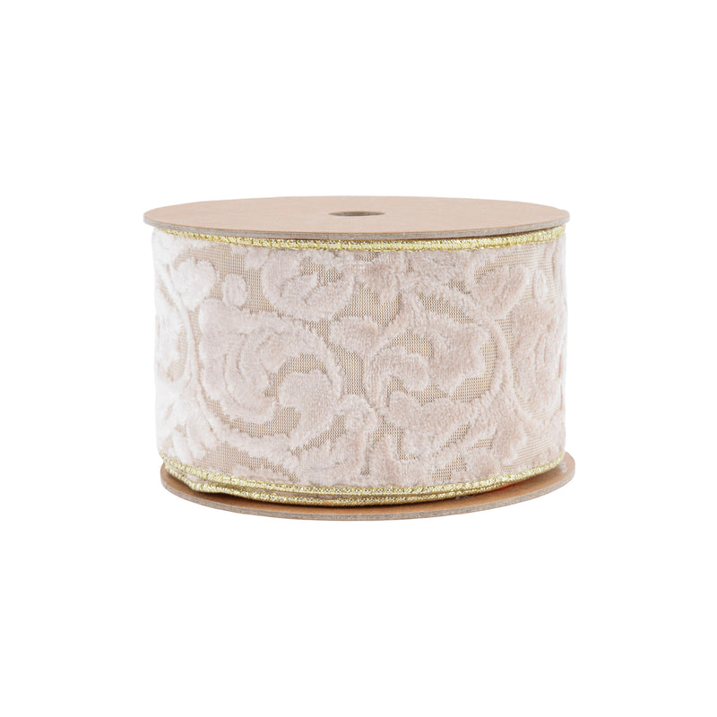 2 1/2" Wired Velvet Ribbon | Ivory Floral Embossed with Gold Backing | 10 Yard Roll