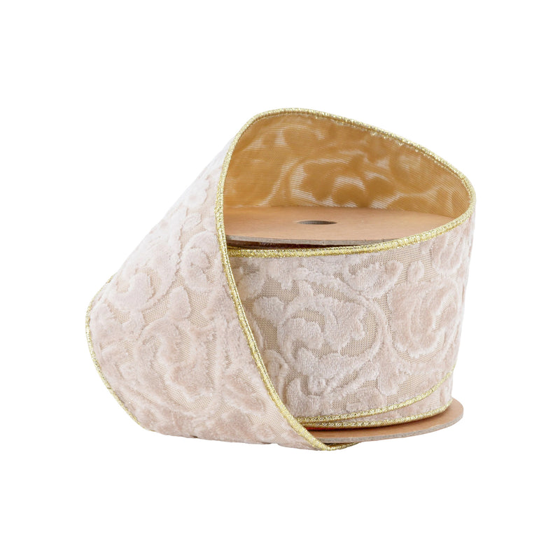 1 1/2" Wired Velvet Ribbon | Ivory Floral Embossed with Gold Backing | 10 Yard Roll