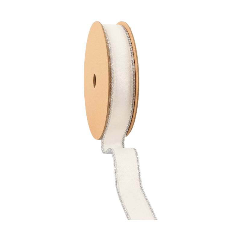 1" Reversible Classic Velvet Wired Ribbon | White/Silver | 10 Yard Roll