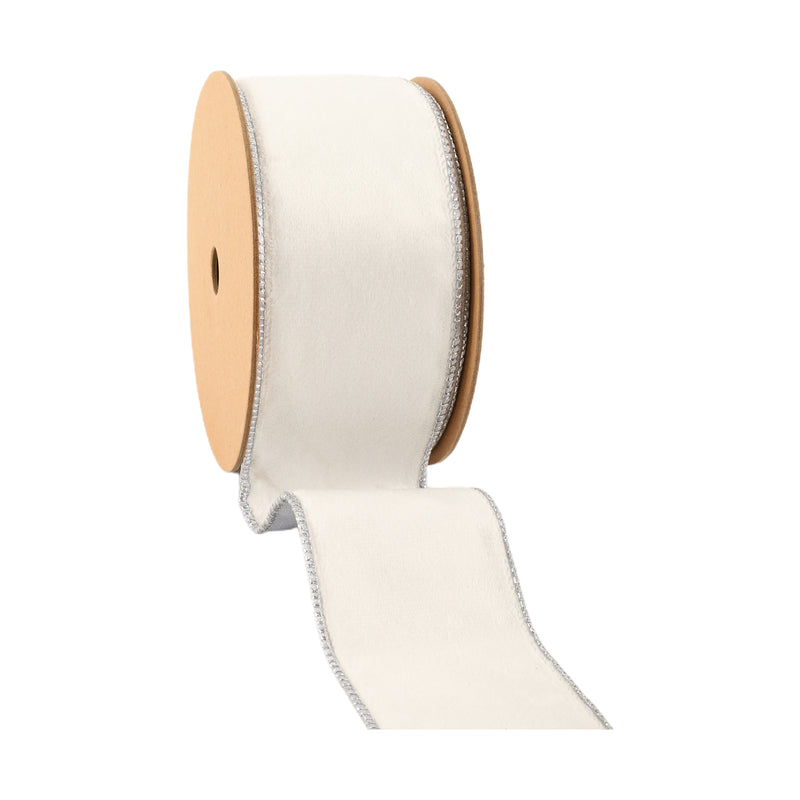 2 1/2" Reversible Classic Velvet Wired Ribbon | White/Silver | 10 Yard Roll