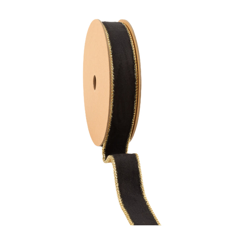 1" Reversible Classic Velvet Wired Ribbon | Black/Gold | 10 Yard Roll