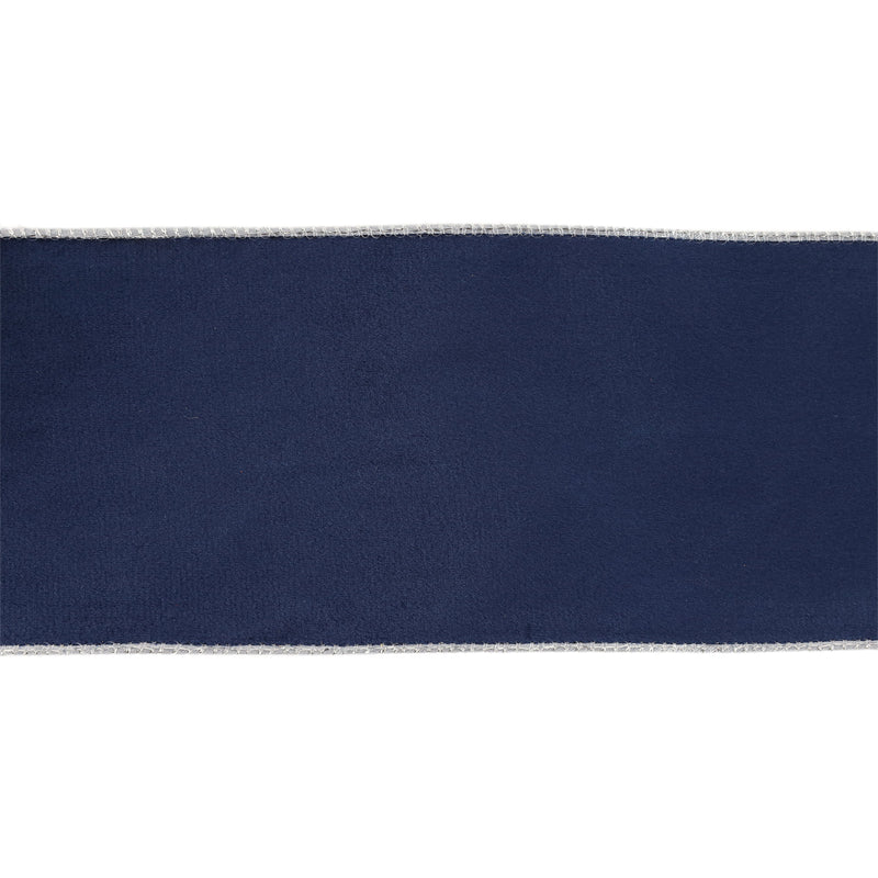 4" Reversible Classic Velvet Wired Ribbon | Navy/Silver | 10 Yard Roll
