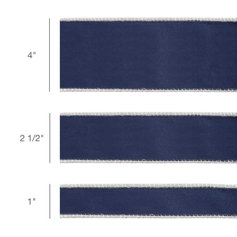 4" Reversible Classic Velvet Wired Ribbon | Navy/Silver | 10 Yard Roll