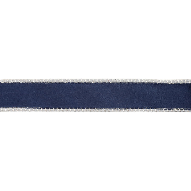1" Reversible Classic Velvet Wired Ribbon | Navy/Silver | 10 Yard Roll