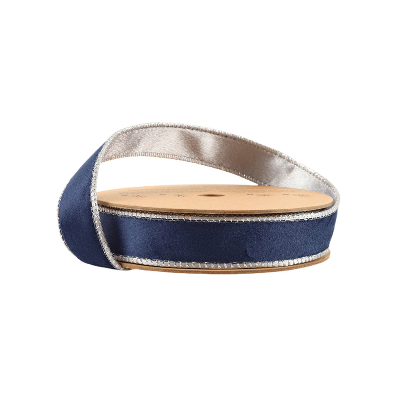 1" Reversible Classic Velvet Wired Ribbon | Navy/Silver | 10 Yard Roll
