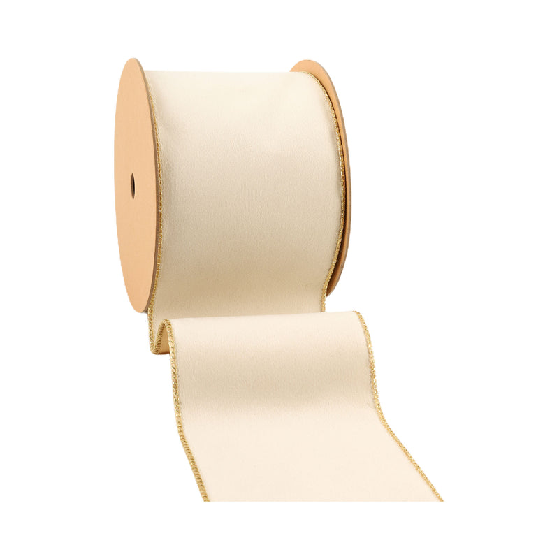 4" Reversible Classic Velvet Wired Ribbon | Ivory/Gold | 10 Yard Roll