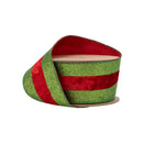 2 1/2" Wired Ribbon | Green Glitter with Red Velvet Stripe | 10 Yard Roll