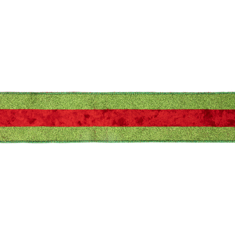 2 1/2" Wired Ribbon | Green Glitter with Red Velvet Stripe | 10 Yard Roll